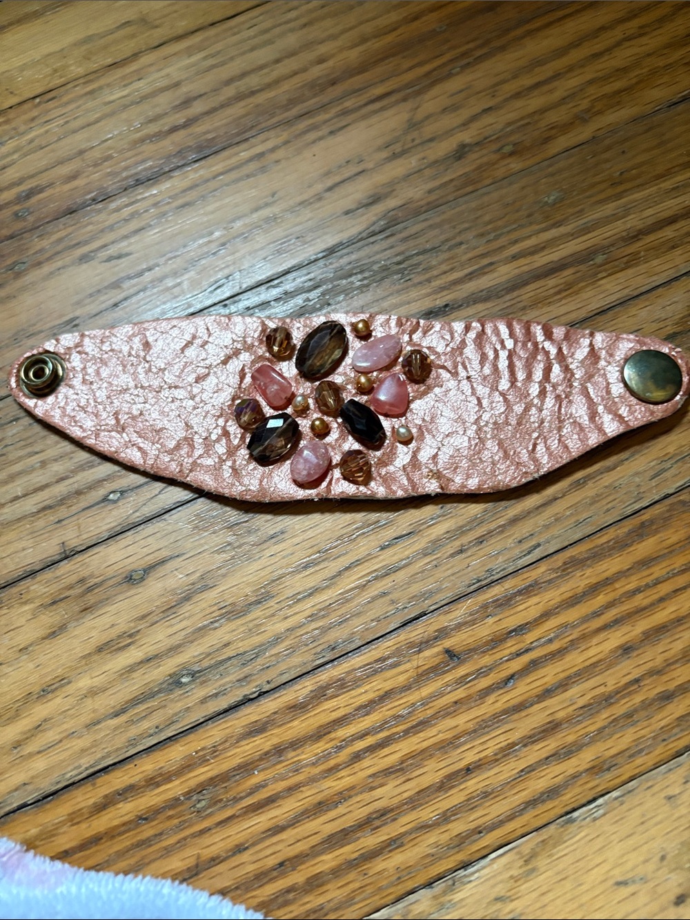Handmade Pink Beaded Leather Snap Cuff Bracelet